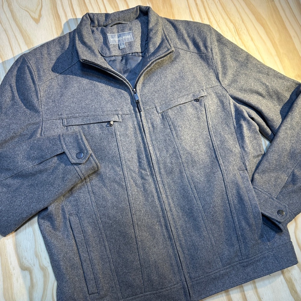 Michael Kors Mens Gray Wool Blend Quilted Full Zip Jacket Size Large
